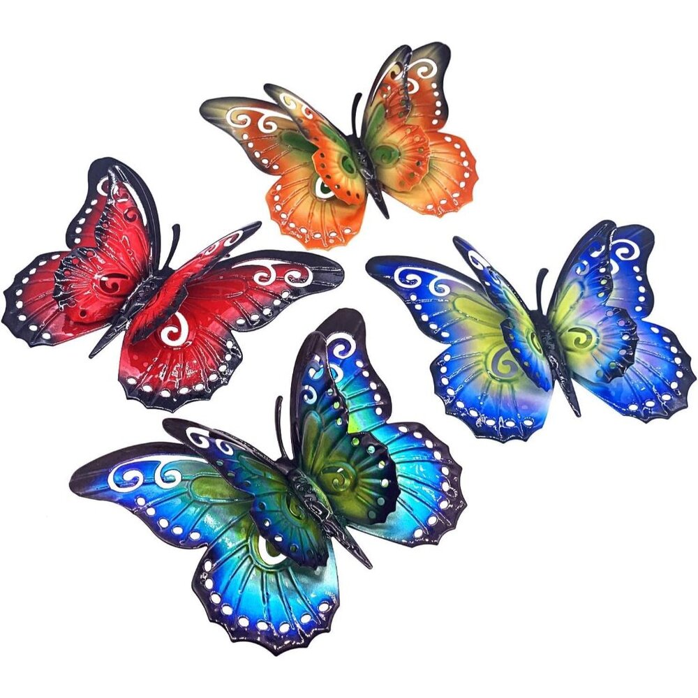 Metal Butterfly Outdoor Wall Decor- 6.5'' 3D Metal Colorful Hanging Double Wings